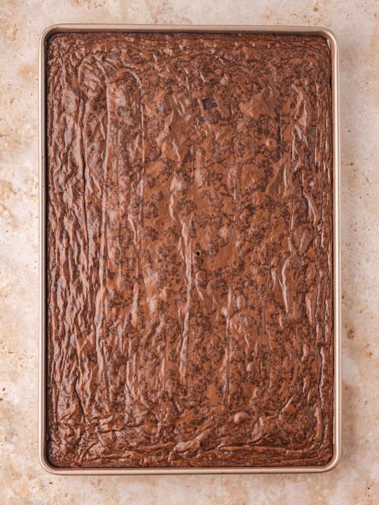 Fully baked texas sheet cake in a pan.