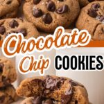Brown butter chocolate chip cookies stacked with melted chocolate centers and sea salt, with text overlay reading brown butter chocolate chip cookies