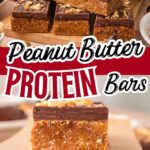 Chocolate peanut butter protein bars sliced into even bars with a thick chocolate layer and crushed peanuts on top.