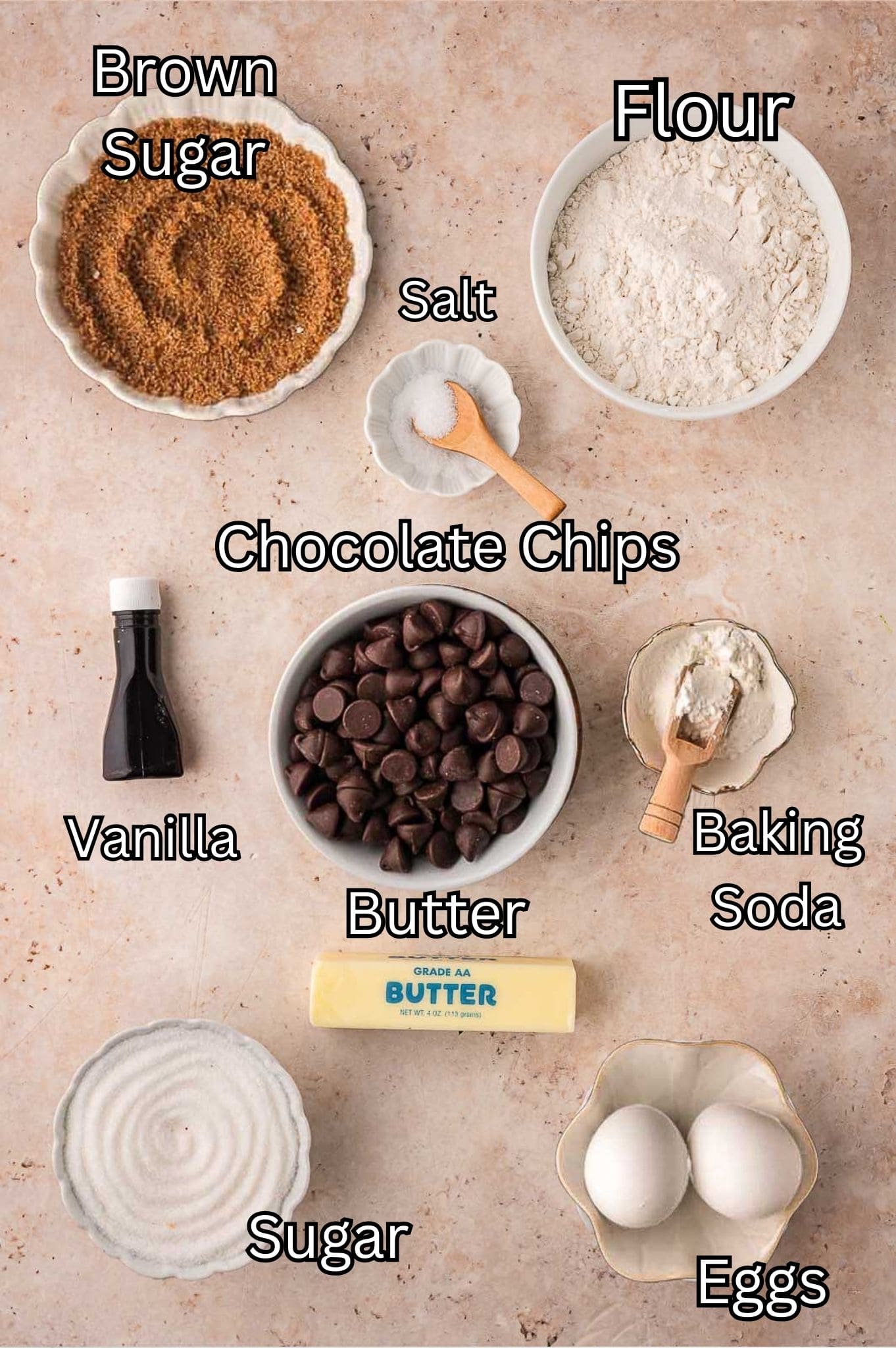 Ingredients for Brown Butter Chocolate Chip Cookies by Tessie's Table.