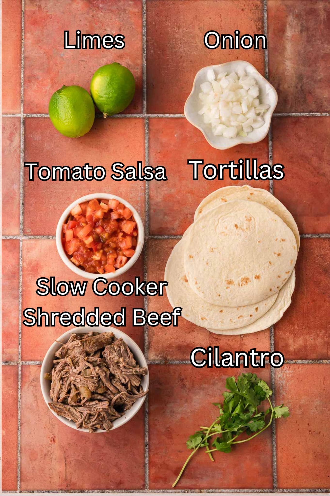 Ingredients for Slow Cooker Shredded Beef Tacos by Tessie's Table.