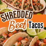 Slow cooker shredded beef tacos with diced tomatoes, onion, and cilantro on soft tortillas