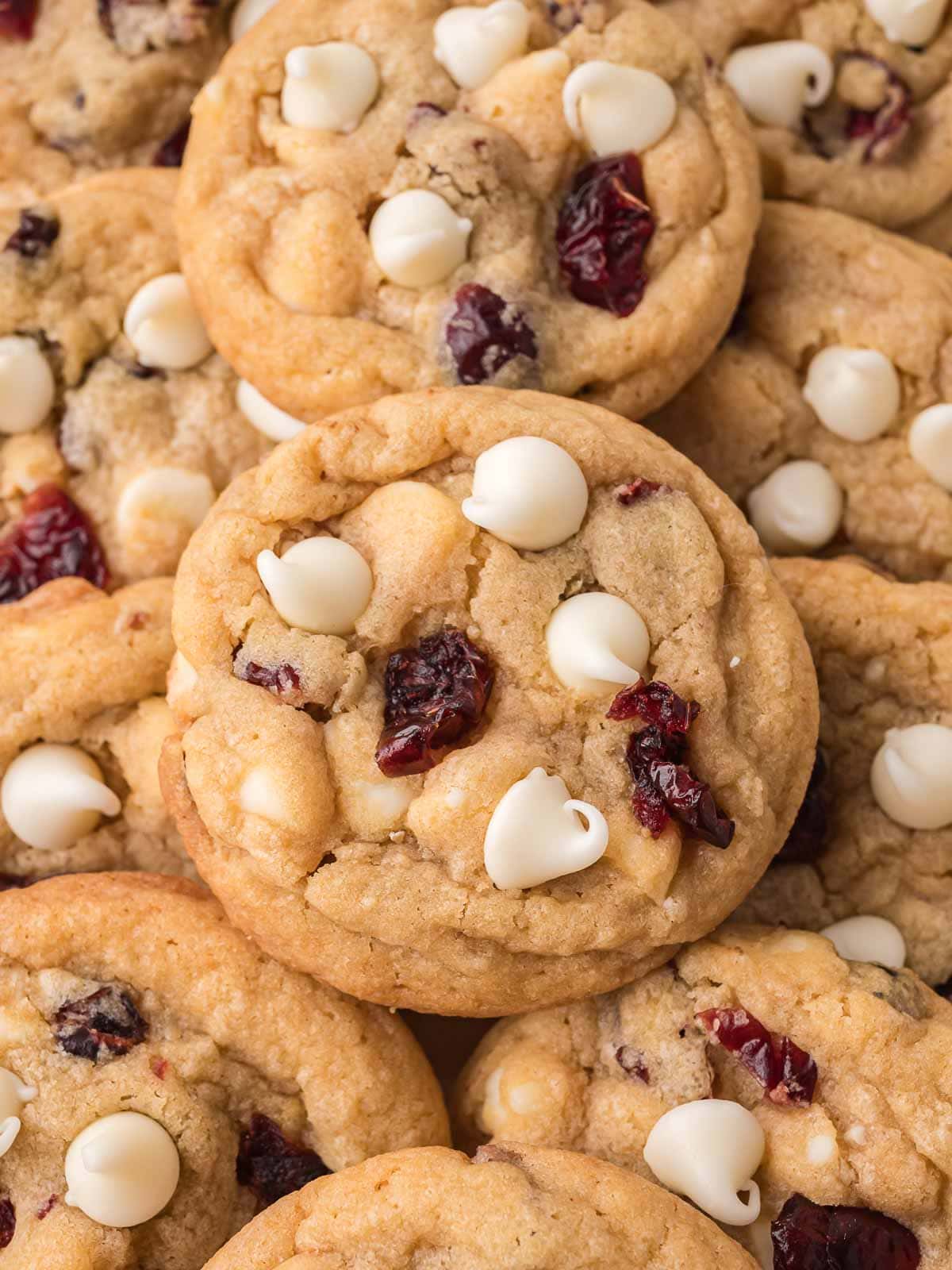 Close-up of a soft white chocolate cranberry cookie showing white chocolate chips and tart dried cranberries.