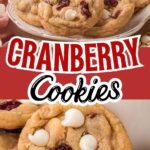 White chocolate cranberry cookies arranged on a platter with visible cranberries and white chocolate chips