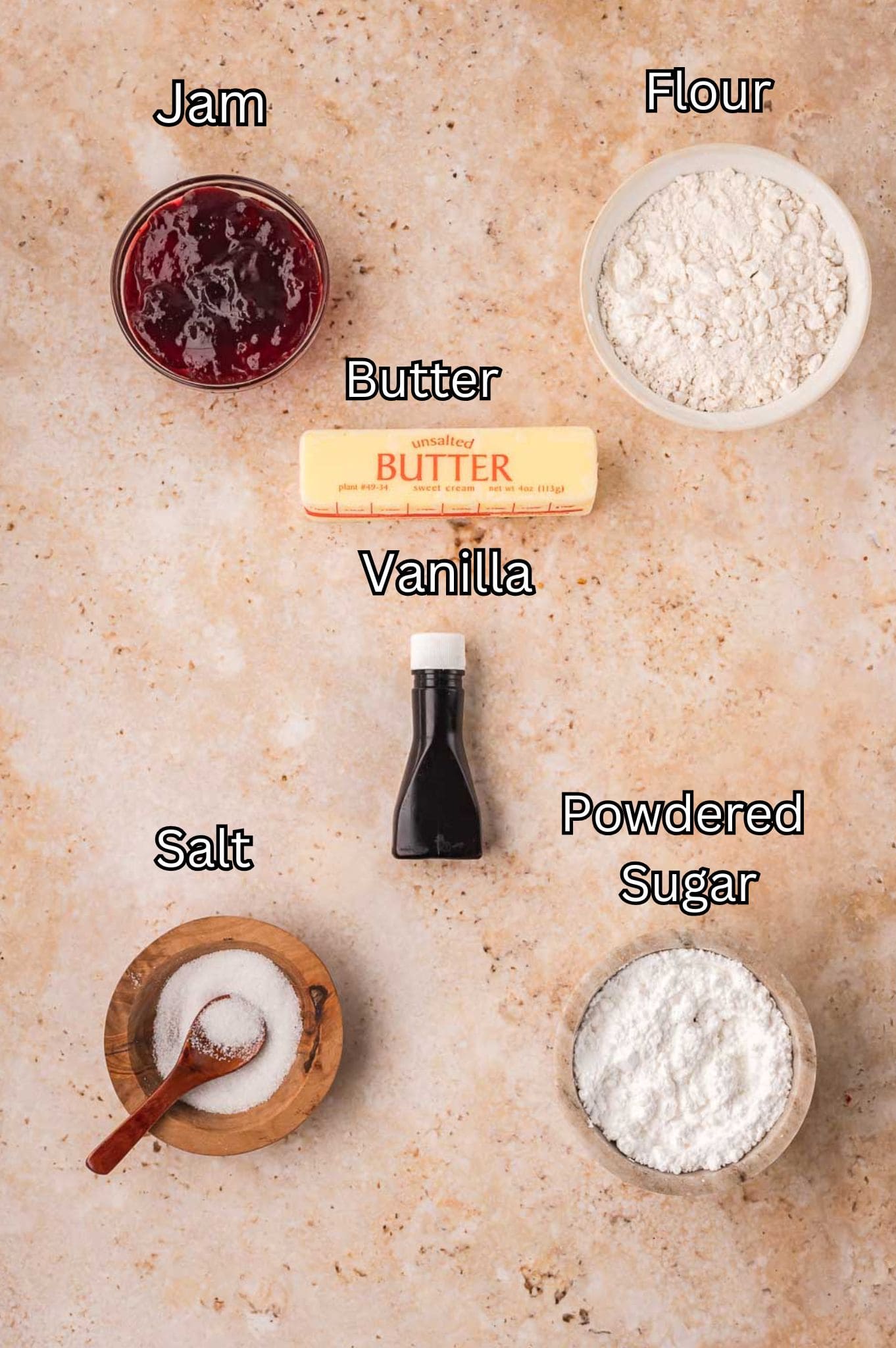 Ingredients for Heart Jam Cookies by Tessie's Table