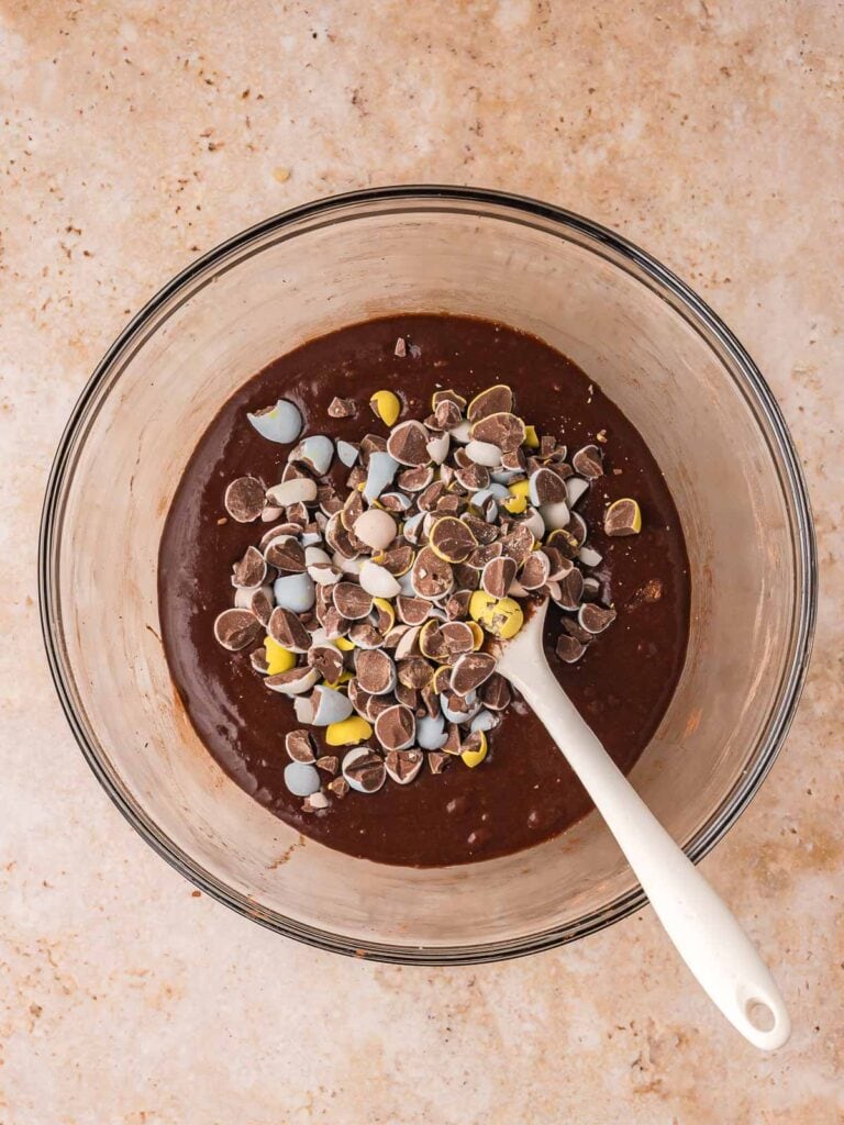 Chopped Cadbury mini eggs folded into rich chocolate brownie batter.