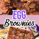 cadbury egg brownies with pastel chocolate eggs surrounded by spring decor and chocolate chips.
