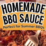 Shredded BBQ beef coated in homemade BBQ sauce with text reading perfect for summer BBQs