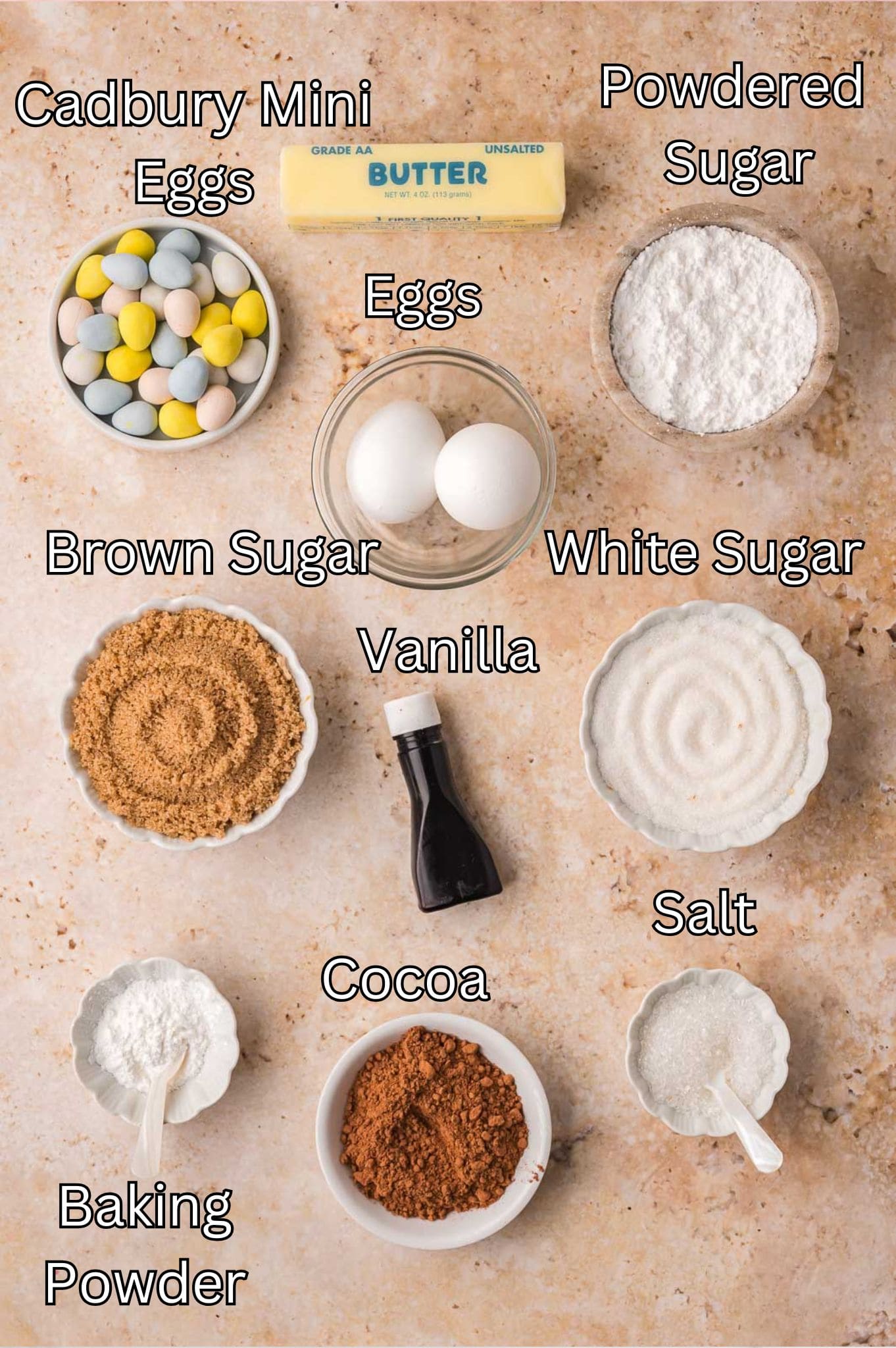 Ingredients for Cadbury Egg Brownies By Tessies Table