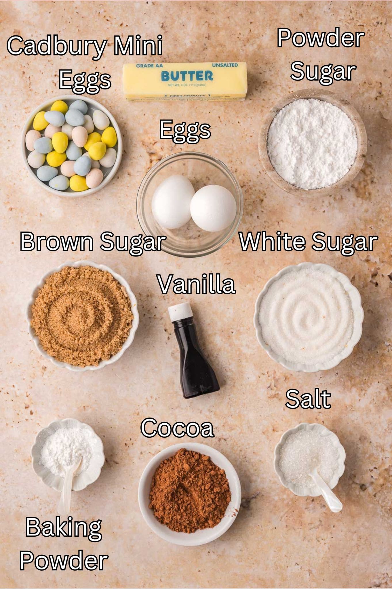 Ingredients for Cadbury Egg Brownies By Tessies Table.