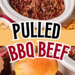 slow cooker pulled BBQ beef served in a bowl and on a sandwich with coleslaw and BBQ sauce.