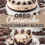 Slice of Oreo cheesecake with cookies and cream filling on a plate.