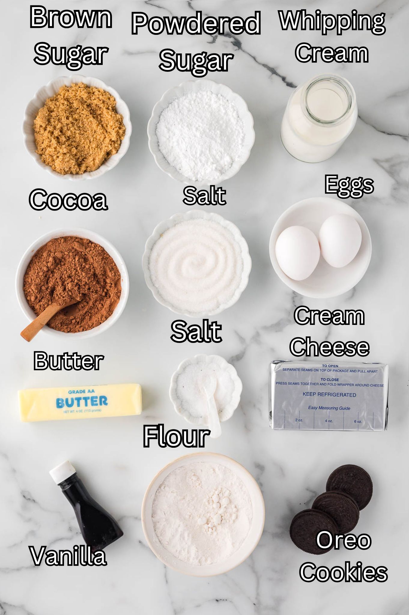 Ingredients for Oreo Cheesecake By Tessies Table.