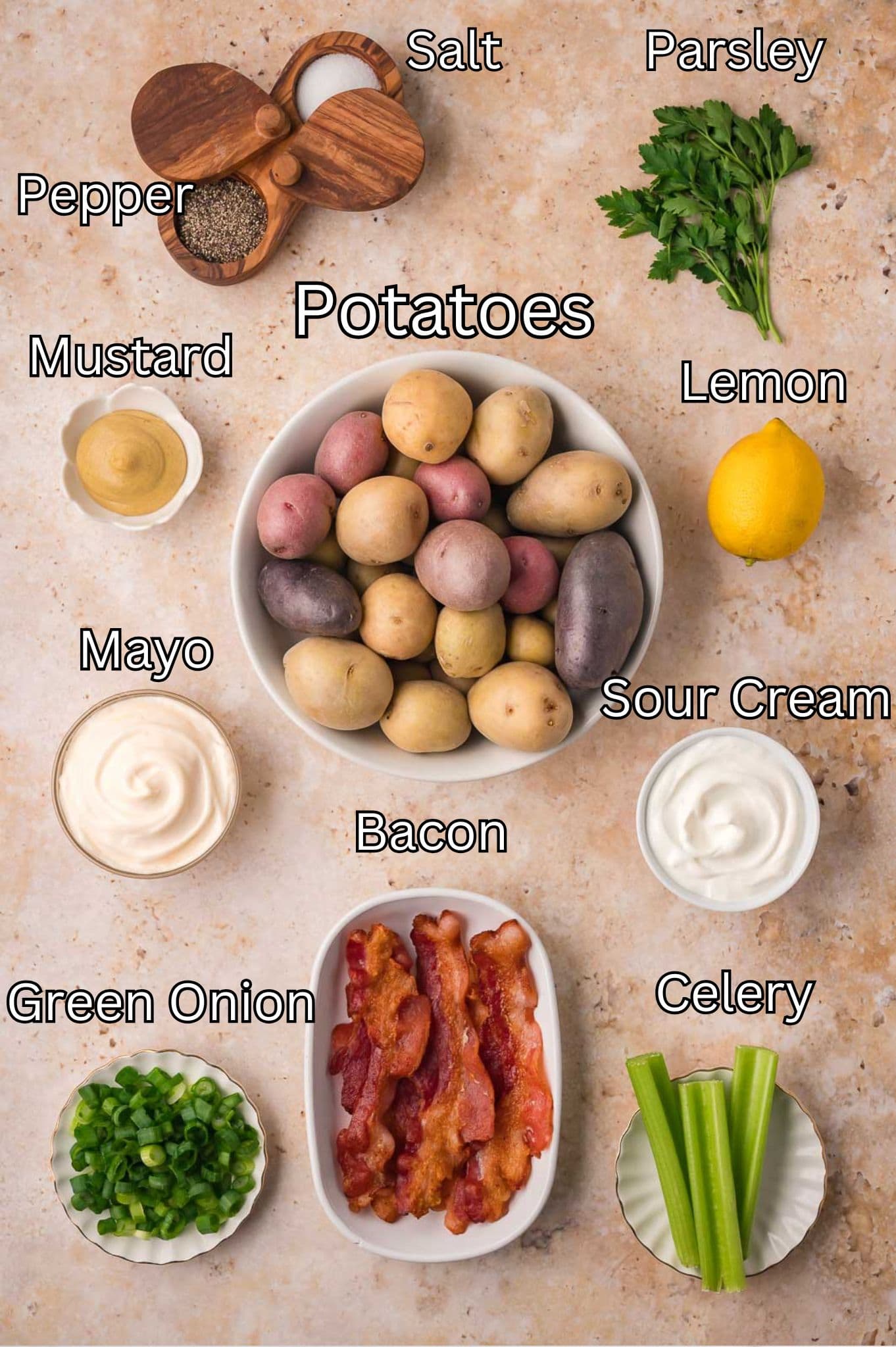 Ingredients for Potato Salad with Bacon By Tessies Table.
