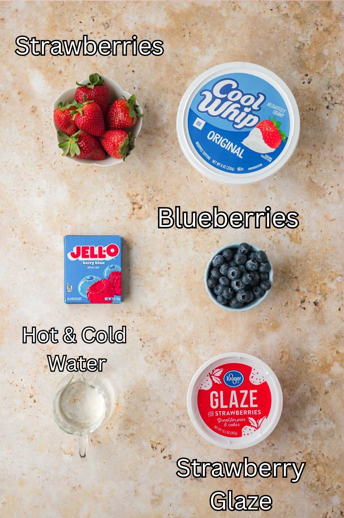 Ingredients for Red White and Blue Dessert Cups By Tessies Table.
