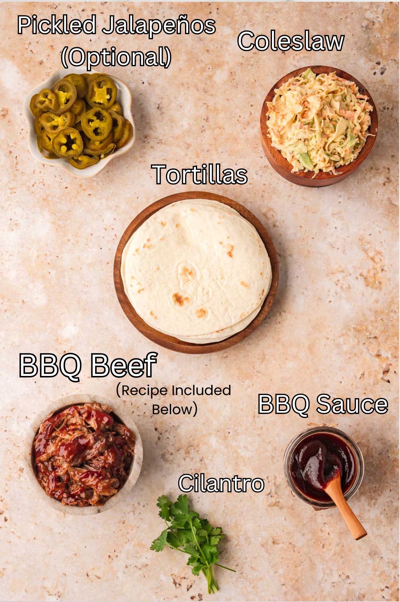 Ingredients for Slow Cooker BBQ Beef Tacos By Tessies Table.
