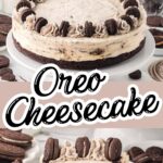 Oreo cheesecake with a chocolate brownie base and cookies and cream filling on a cake stand.