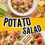 Potato salad with bacon served as a creamy BBQ side dish with baby potatoes, celery, and green onions.