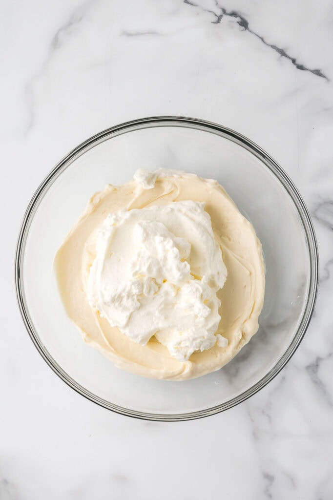 Cream cheese mixture with whipped cream folded in to make the Oreo cheesecake filling.