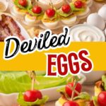 Easy BLT deviled eggs served on a platter with bacon, lettuce, and tomatoes.