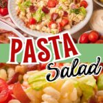 Creamy bacon pasta salad with crispy bacon and green onions served in a white bowl.