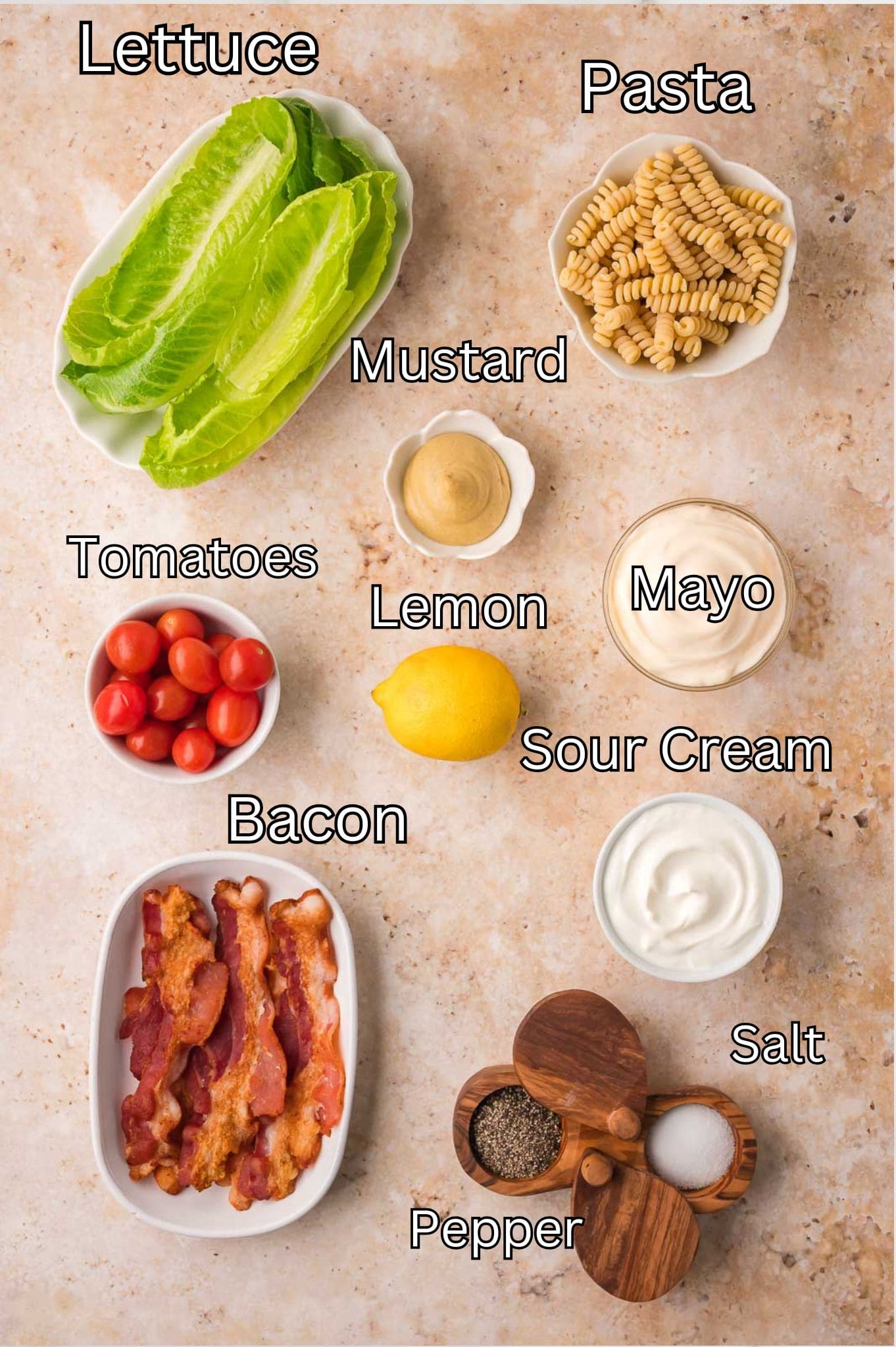 Ingredients for BLT Pasta Salad By Tessies Table.