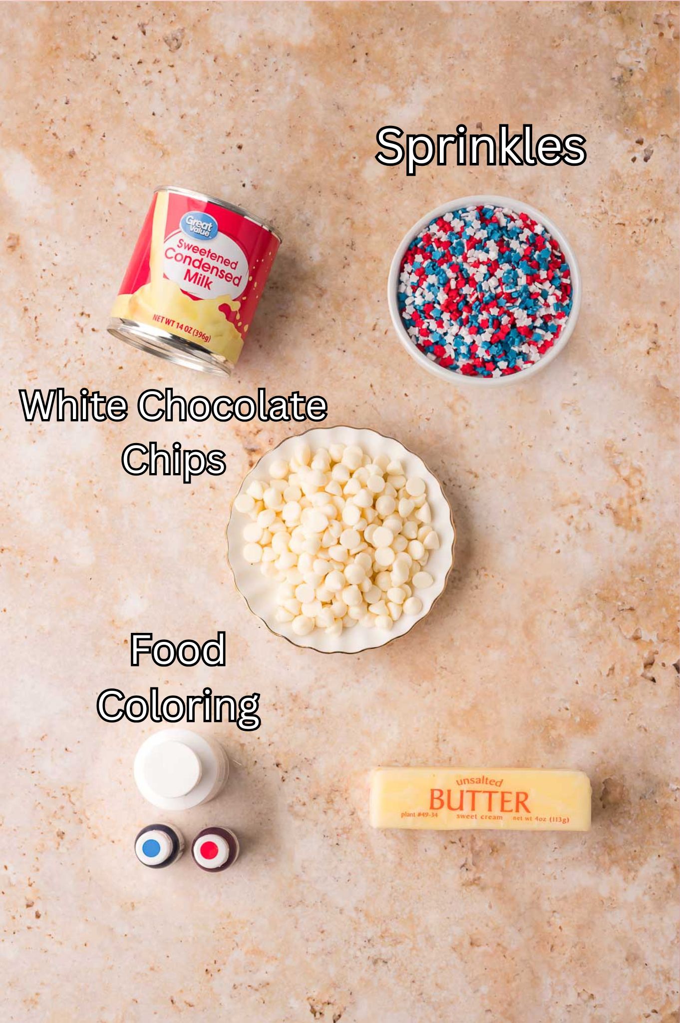Ingredients for Red White And Blue Fudge By Tessies Table.
