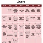A calendar with a full month of dinner recipes for june 2026.