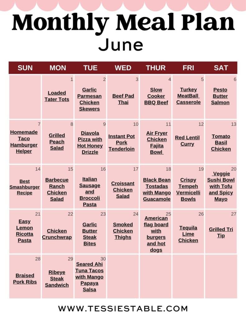 A calendar with a full month of dinner recipes for june 2026.