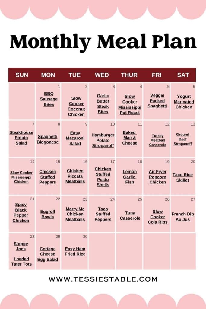 A calendar with a full month of dinner recipes. 