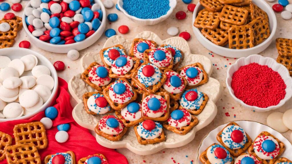 Red White and Blue Pretzel Bites By Tessies Table.