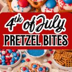 Red White and Blue Pretzel Bites with white chocolate, M&Ms, and sprinkles for 4th of July dessert.