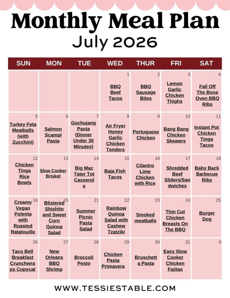 A calendar with a full month of dinner recipes for junly 2026.