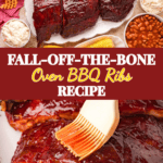 Tender oven baked barbecue ribs brushed with sauce and served on a platter with corn, baked beans, cornbread, and coleslaw.