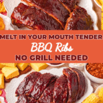 Tender oven baked barbecue ribs brushed with sauce and served on a platter with corn, baked beans, cornbread, and coleslaw.