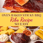 Tender oven baked barbecue ribs brushed with sauce and served on a platter with corn, baked beans, cornbread, and coleslaw.