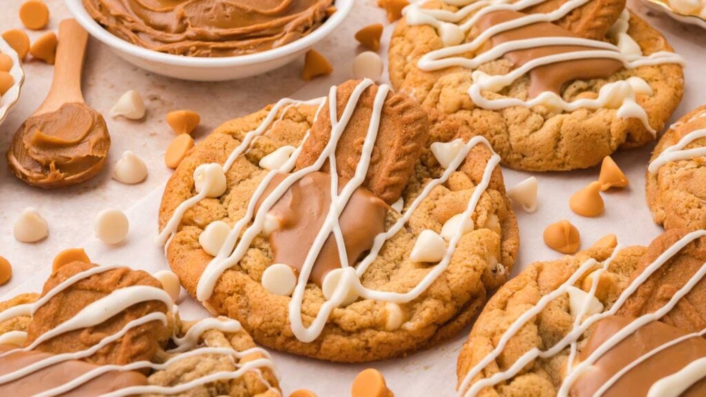 Biscoff Stuffed White Chocolate Cookies By Tessies Table.