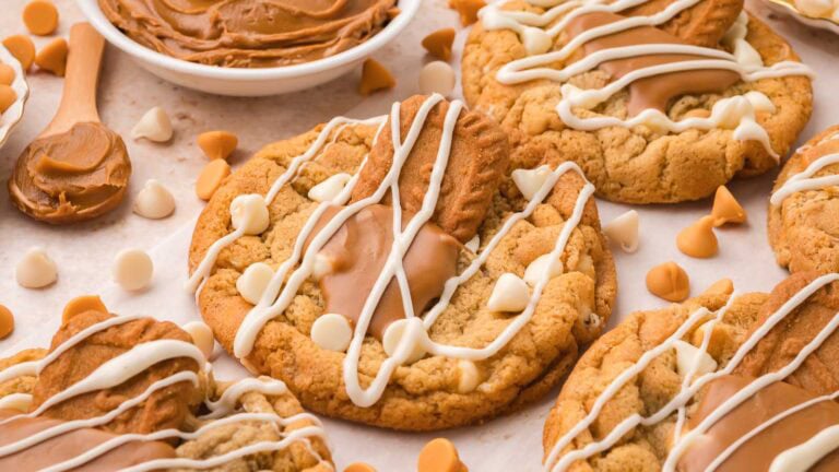 Biscoff Stuffed White Chocolate Cookies By Tessies Table.