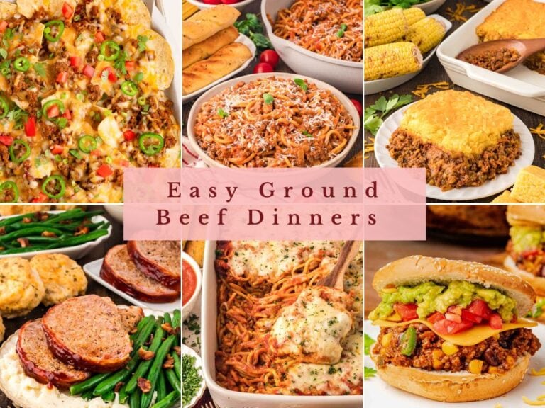 Collage of easy ground beef dinners including beef nachos, baked spaghetti, sloppy joe cornbread casserole, bacon wrapped meatloaf, and a sloppy joe sandwich.