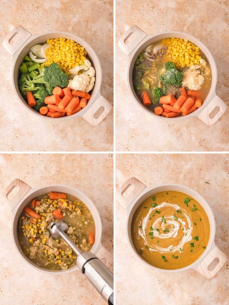 Four step photos showing raw broccoli, cauliflower, carrots, celery, onion and corn in a soup pot, stock and seasonings added, the soup being blended with a hand blender, and the finished creamy vegetable soup with a swirl of cream and parsley by Tessie's Table.