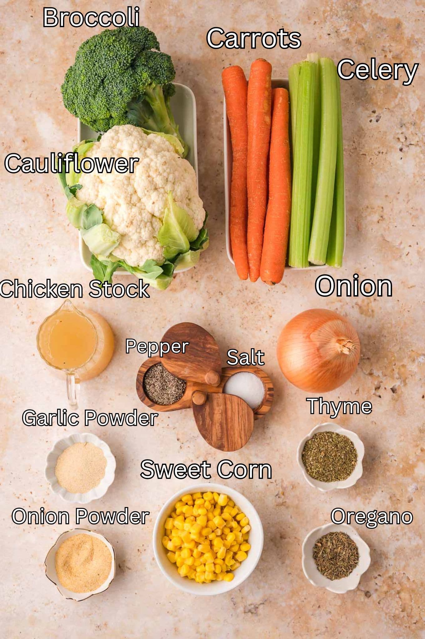 Ingredients for Creamy Homemade Vegetable Soup By Tessie's Table.
