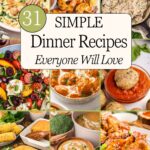 Nine photo collage of simple dinner recipes from the August 2026 meal plan including chicken, shrimp, pasta, and tacos on a green background.