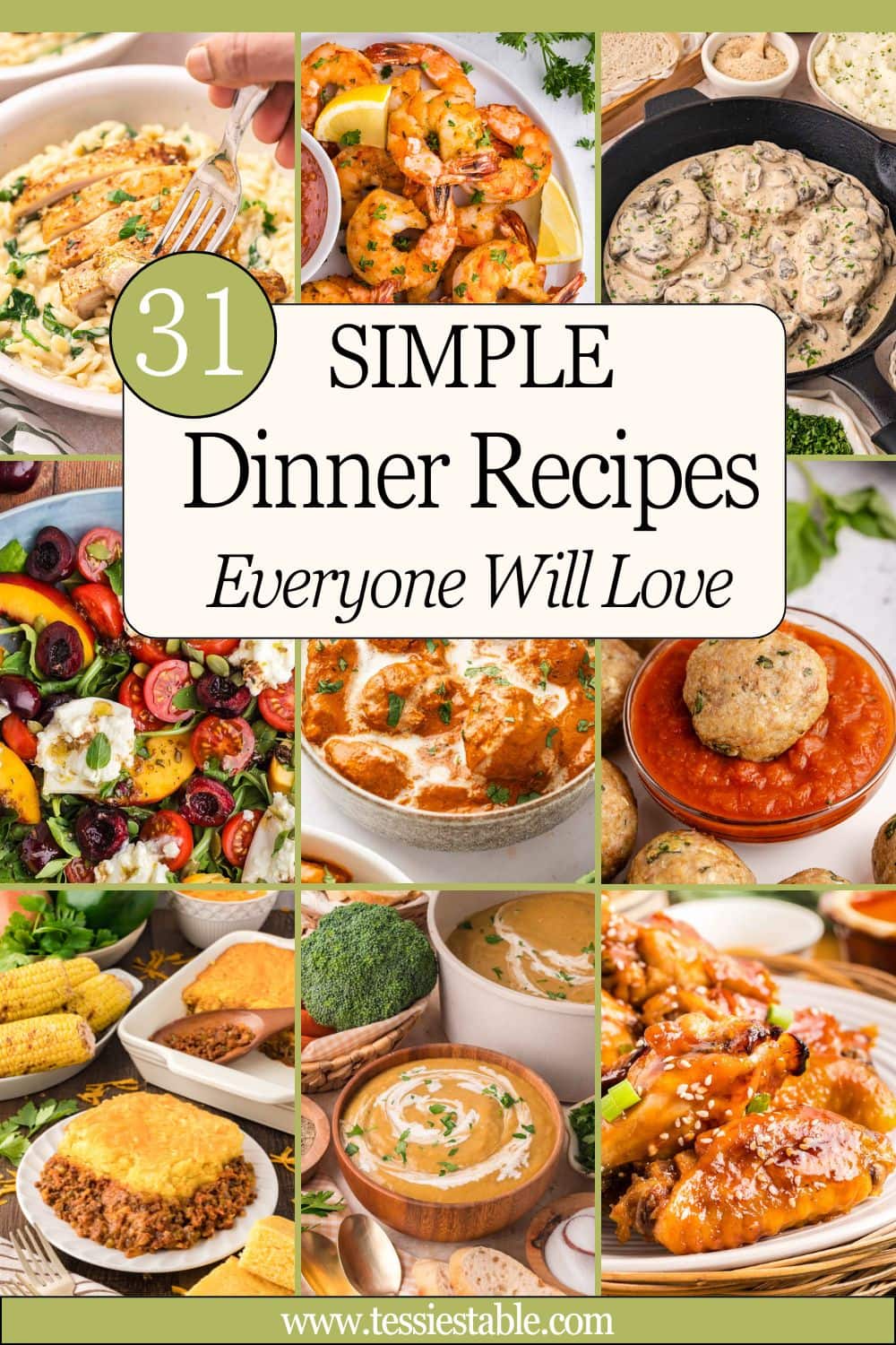 Nine photo collage of simple dinner recipes from the August 2026 meal plan including chicken, shrimp, pasta, and tacos on a green background.