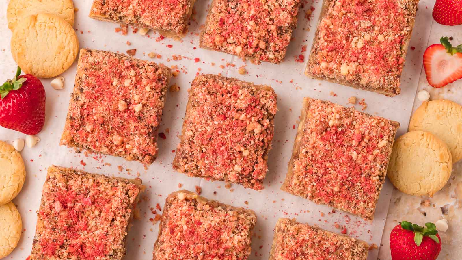 Strawberry Crunch Blondie Bars By Tessie's Table.
