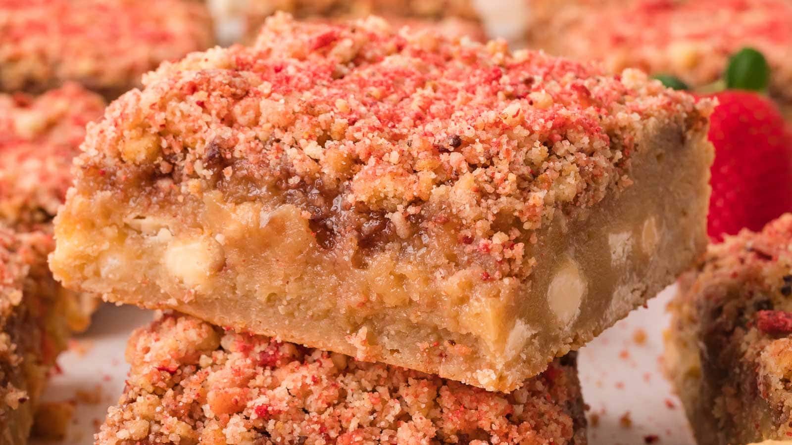 Strawberry Crunch Blondie Bars By Tessie's Table.