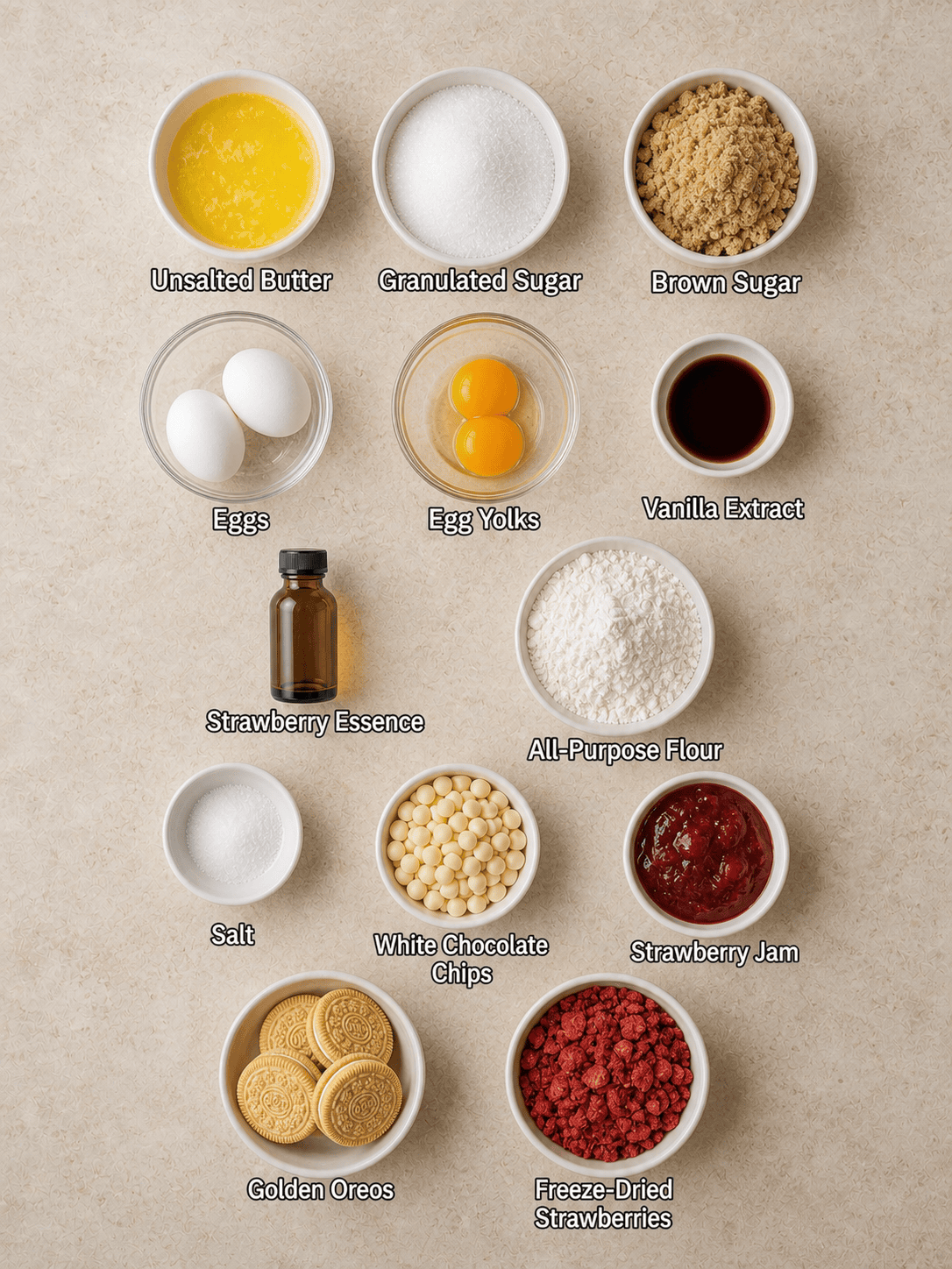 Ingredients for Strawberry Shortcake Blondie Bars By Tessie's Table.