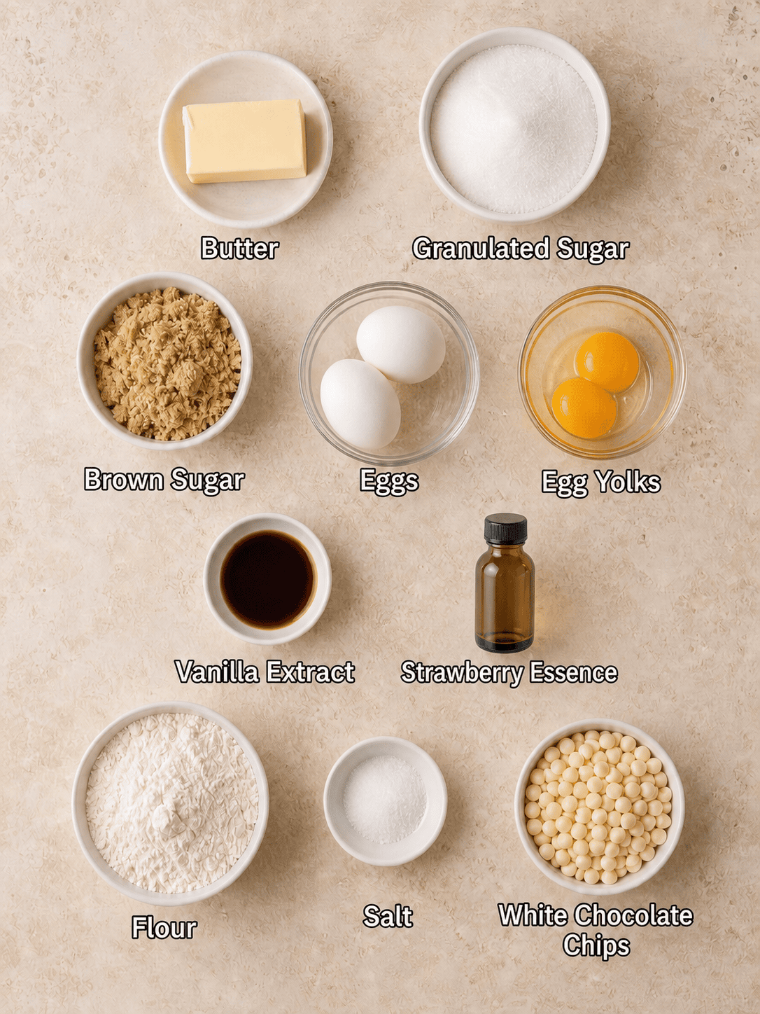 Ingredients for Strawberry Shortcake Blondie Bars By Tessie's Table.