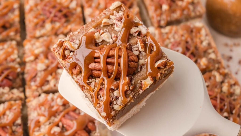 Salted Caramel Pecan Bars By Tessies Table.