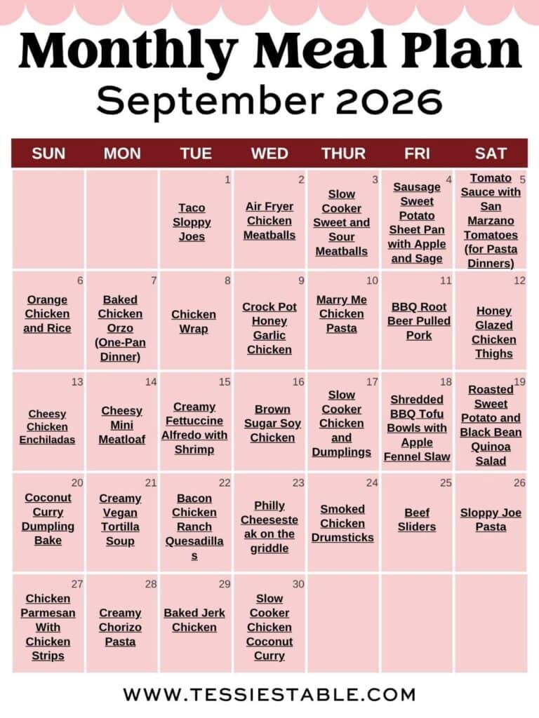 A printable September meal plan calendar showing 30 easy dinner recipes for the month.