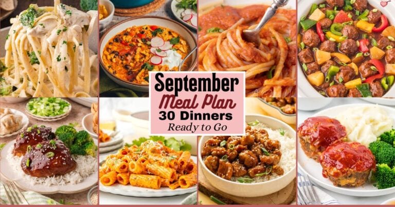 A photo collage of easy dinner recipes for the Monthly Meal Plan for A September 2026.